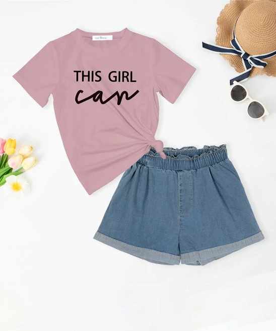 Wholesale ๐ Trend Blossoms Pink 'This Girl Can' Crewneck Tee & Blue Ruffle High-Waist Shorts - ๐ง Girls โ 3 Wholesale ๐ Trend Blossoms Pink 'This Girl Can' Crewneck Tee & Blue Ruffle High-Waist Shorts - ๐ง Girls โ