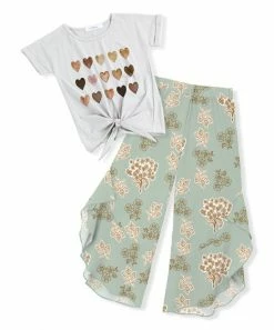 Hot Sale 🎉 Trend Blossoms White & Brown Heart Tee & Dusty Mint Floral Ruffle Pants - 👧 Girls ❤️