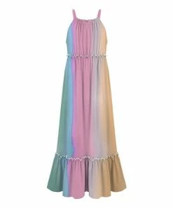 Best Sale 🛒 Trend Blossoms Light Teal & Pink Ombré Stripe Tiered Ruffle-Hem Maxi 👗 Dress - 👧 Girls ✨