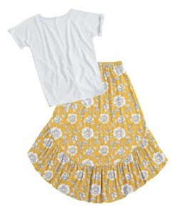Coupon 🧨 Trend Blossoms White 'Sunshine' Front-Tie Tee & Mustard Floral Ruffle Hi-Low 👗 Skirt - 👧 Girls 🌟 -Trend Blossoms-shop zu106276097 alt 2 tm1654281562