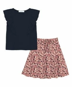 Coupon 🛒 Trend Blossoms Dark Navy Angel-Sleeve Top & Pink & Cream Floral A-Line 👗 Skirt - 👧 Girls 😍