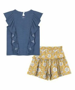 Best reviews of 👏 Trend Blossoms Blue Chambray Angel-Sleeve Top & Mustard Floral Ruffle Shorts - 👧 Girls 🔥