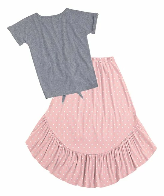Best Sale ๐งจ Trend Blossoms Gray Rainbow Front-Tie Crewneck Tee & Pink Ruffle Hi-Low ๐ Skirt - ๐ง Girls โจ 4 Best Sale ๐งจ Trend Blossoms Gray Rainbow Front-Tie Crewneck Tee & Pink Ruffle Hi-Low ๐ Skirt - ๐ง Girls โจ - Image 2