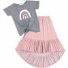 Best Sale 🧨 Trend Blossoms Gray Rainbow Front-Tie Crewneck Tee & Pink Ruffle Hi-Low 👗 Skirt - 👧 Girls ✨ -Trend Blossoms-shop zu106276174 main tm1654281562