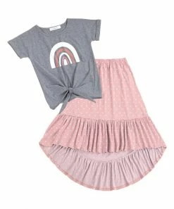 Best Sale 🧨 Trend Blossoms Gray Rainbow Front-Tie Crewneck Tee & Pink Ruffle Hi-Low 👗 Skirt - 👧 Girls ✨