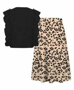 Hot Sale ✨ Trend Blossoms Black Angel-Sleeve Top & Apricot Leopard Bow-Accent Maxi 👗 Skirt - 👧 Girls 🥰 -Trend Blossoms-shop zu106501869 alt 2 tm1655237359