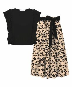 Hot Sale ✨ Trend Blossoms Black Angel-Sleeve Top & Apricot Leopard Bow-Accent Maxi 👗 Skirt - 👧 Girls 🥰