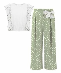 Promo 🎉 Trend Blossoms White Angel-Sleeve Top & Sage Green Dot Bow-Accent Pants - 👧 Girls 🤩