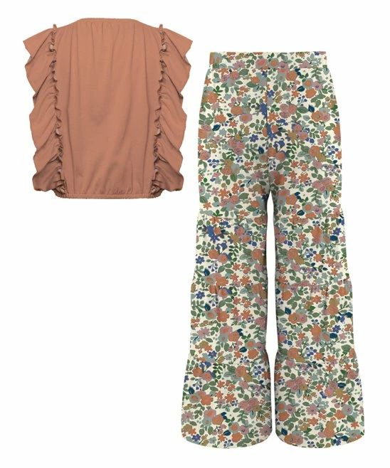Cheap โ๏ธ Trend Blossoms Dusty Coral Angel-Sleeve Top & Green Floral Leaf Tiered Pants - ๐ง Girls ๐ 4 Cheap โ๏ธ Trend Blossoms Dusty Coral Angel-Sleeve Top & Green Floral Leaf Tiered Pants - ๐ง Girls ๐ - Image 2