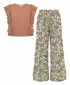 Cheap ✔️ Trend Blossoms Dusty Coral Angel-Sleeve Top & Green Floral Leaf Tiered Pants - 👧 Girls 🎉