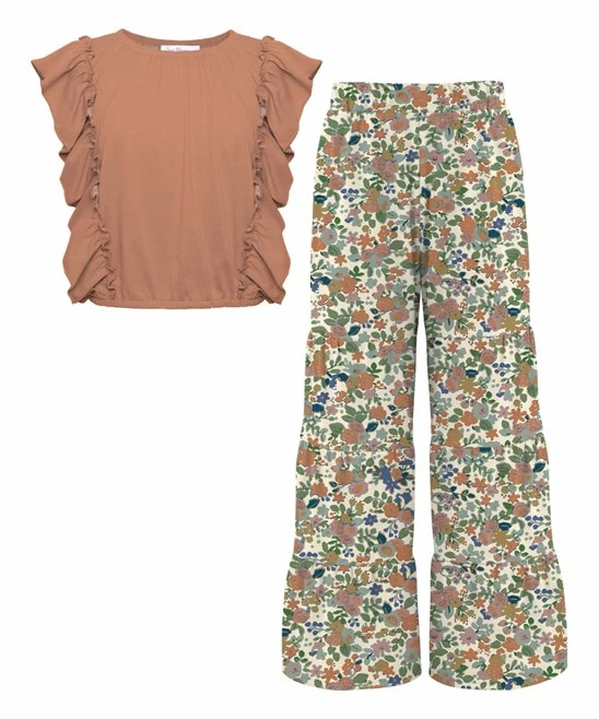 Cheap โ๏ธ Trend Blossoms Dusty Coral Angel-Sleeve Top & Green Floral Leaf Tiered Pants - ๐ง Girls ๐ 3 Cheap โ๏ธ Trend Blossoms Dusty Coral Angel-Sleeve Top & Green Floral Leaf Tiered Pants - ๐ง Girls ๐
