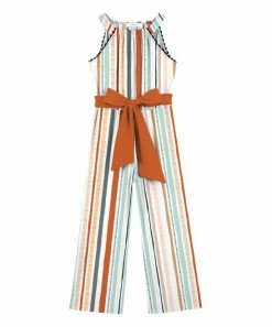 Trend Blossoms-shop 3 Best deal 🎁 Trend Blossoms Light Turquoise & Orange Stripe Bow-Belted Sleeveless Jumpsuit - 👧 Girls 🥰