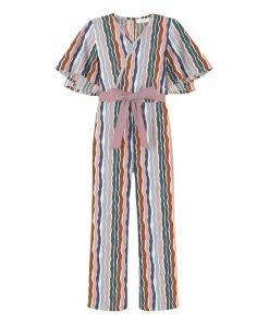 Promo ✔️ Trend Blossoms Blue & Dusty Pink Wavy Stripe Bow-Belt Flutter-Sleeve Jumpsuit - 👧 Girls 🔥