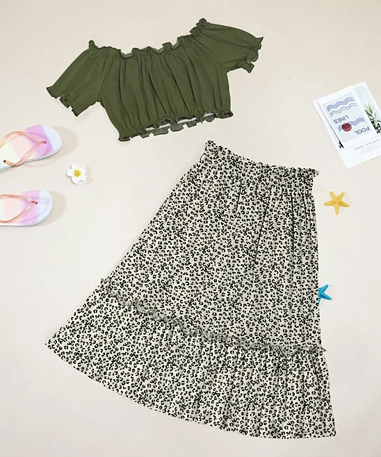 Cheap ๐ Trend Blossoms Army Green Ruffle-Accent Crop Top & Cream Leopard A-Line ๐ Skirt - ๐ง Girls ๐ฏ 4 Cheap ๐ Trend Blossoms Army Green Ruffle-Accent Crop Top & Cream Leopard A-Line ๐ Skirt - ๐ง Girls ๐ฏ - Image 2