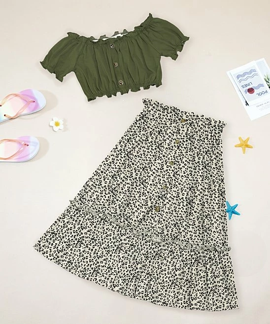 Cheap ๐ Trend Blossoms Army Green Ruffle-Accent Crop Top & Cream Leopard A-Line ๐ Skirt - ๐ง Girls ๐ฏ 6 Cheap ๐ Trend Blossoms Army Green Ruffle-Accent Crop Top & Cream Leopard A-Line ๐ Skirt - ๐ง Girls ๐ฏ - Image 4