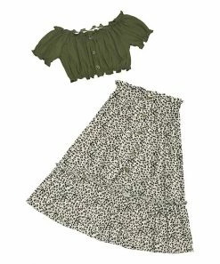 Cheap 🛒 Trend Blossoms Army Green Ruffle-Accent Crop Top & Cream Leopard A-Line 👗 Skirt - 👧 Girls 💯