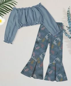 Discount ❤️ Trend Blossoms Dusty Blue Off-Shoulder Crop Top & Leaf Flare Pants - 👧 Girls 🔔 -Trend Blossoms-shop zu106932782 alt 2 tm1656598578