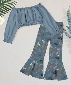 Discount ❤️ Trend Blossoms Dusty Blue Off-Shoulder Crop Top & Leaf Flare Pants - 👧 Girls 🔔 -Trend Blossoms-shop zu106932782 alt 3 tm1656598578