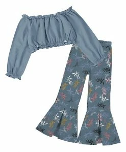 Discount ❤️ Trend Blossoms Dusty Blue Off-Shoulder Crop Top & Leaf Flare Pants - 👧 Girls 🔔