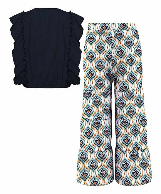 Wholesale 💯 Trend Blossoms Dark Navy Angel-Sleeve Top & Teal Abstract Geometric Tiered Pants - 👧 Girls ⌛ 4 Wholesale 💯 Trend Blossoms Dark Navy Angel-Sleeve Top & Teal Abstract Geometric Tiered Pants - 👧 Girls ⌛ - Image 2