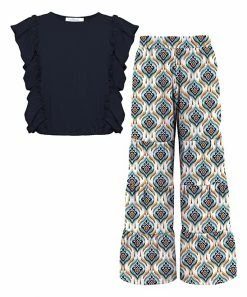 Wholesale 💯 Trend Blossoms Dark Navy Angel-Sleeve Top & Teal Abstract Geometric Tiered Pants - 👧 Girls ⌛