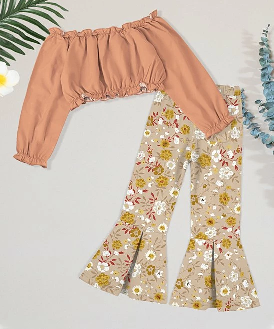 Flash Sale ๐ฅฐ Trend Blossoms Peach Off-Shoulder Crop Top & Beige Floral Flare Pants - ๐ง Girls โญ 5 Flash Sale ๐ฅฐ Trend Blossoms Peach Off-Shoulder Crop Top & Beige Floral Flare Pants - ๐ง Girls โญ - Image 3