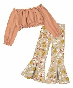 Flash Sale 🥰 Trend Blossoms Peach Off-Shoulder Crop Top & Beige Floral Flare Pants - 👧 Girls ⭐