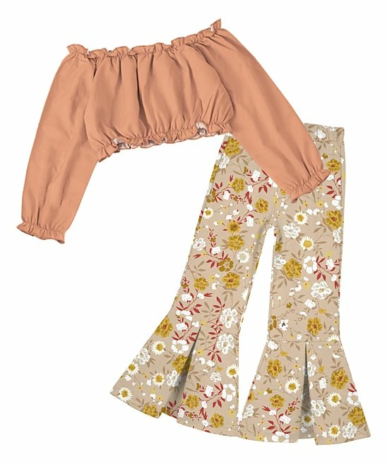 Flash Sale ๐ฅฐ Trend Blossoms Peach Off-Shoulder Crop Top & Beige Floral Flare Pants - ๐ง Girls โญ 3 Flash Sale ๐ฅฐ Trend Blossoms Peach Off-Shoulder Crop Top & Beige Floral Flare Pants - ๐ง Girls โญ