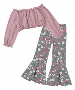 Hot Sale 👍 Trend Blossoms Dusty Pink Off-Shoulder Crop Top & Gray Floral Leaf Flare Pants - 👧 Girls 😀 -Trend Blossoms-shop zu106932887 alt 2 tm1656598578