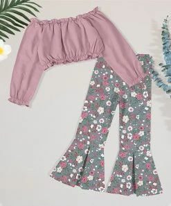 Hot Sale 👍 Trend Blossoms Dusty Pink Off-Shoulder Crop Top & Gray Floral Leaf Flare Pants - 👧 Girls 😀