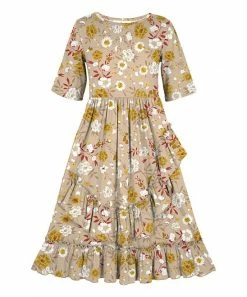 Flash Sale ✨ Trend Blossoms Beige & Mustard Floral Ruffle-Accent A-Line 👗 Dress - 👧 Girls 🌟