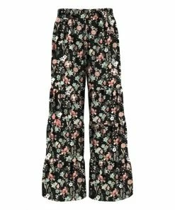 Outlet ✔️ Trend Blossoms Black & Dusty Pink Floral Tiered Wide-Leg Pants - 👧 Girls 💯