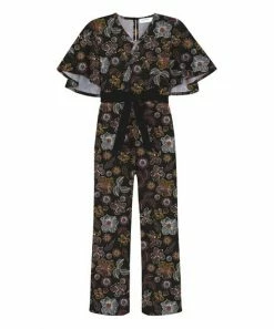 Best Pirce 🌟 Trend Blossoms Black & Mustard Floral Tie-Belt Flutter-Sleeve V-Neck Jumpsuit - 👧 Girls ✔️