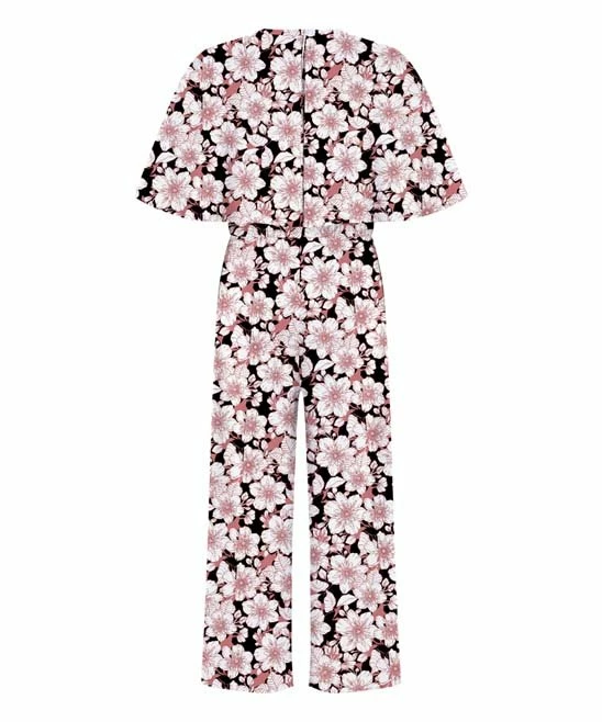 New 🎉 Trend Blossoms Black & Dusty Pink Floral Bow-Belt Flutter-Sleeve Jumpsuit - 👧 Girls 👏 4 New 🎉 Trend Blossoms Black & Dusty Pink Floral Bow-Belt Flutter-Sleeve Jumpsuit - 👧 Girls 👏 - Image 2