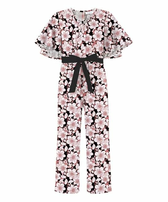 New 🎉 Trend Blossoms Black & Dusty Pink Floral Bow-Belt Flutter-Sleeve Jumpsuit - 👧 Girls 👏 3 New 🎉 Trend Blossoms Black & Dusty Pink Floral Bow-Belt Flutter-Sleeve Jumpsuit - 👧 Girls 👏