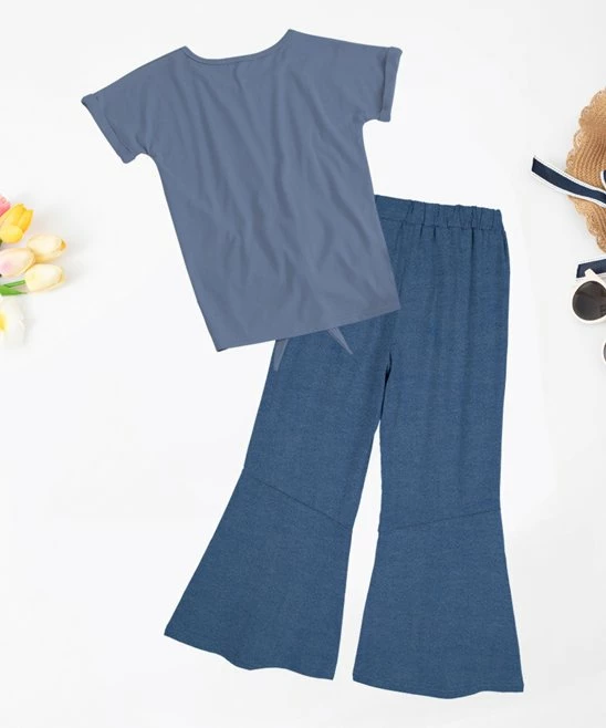 Outlet 🥰 Trend Blossoms Dusty Blue Heart Knot-Front Top & Blue Flare Pants - 👧 Girls 👍 6 Outlet 🥰 Trend Blossoms Dusty Blue Heart Knot-Front Top & Blue Flare Pants - 👧 Girls 👍 - Image 4