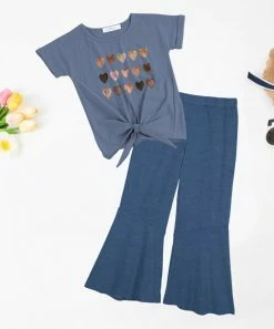 Outlet 🥰 Trend Blossoms Dusty Blue Heart Knot-Front Top & Blue Flare Pants - 👧 Girls 👍
