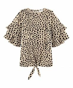 Outlet 👏 Trend Blossoms Light Tan & Black Leopard Ruffle-Sleeve Knot-Front Top - 👧 Girls ✔️