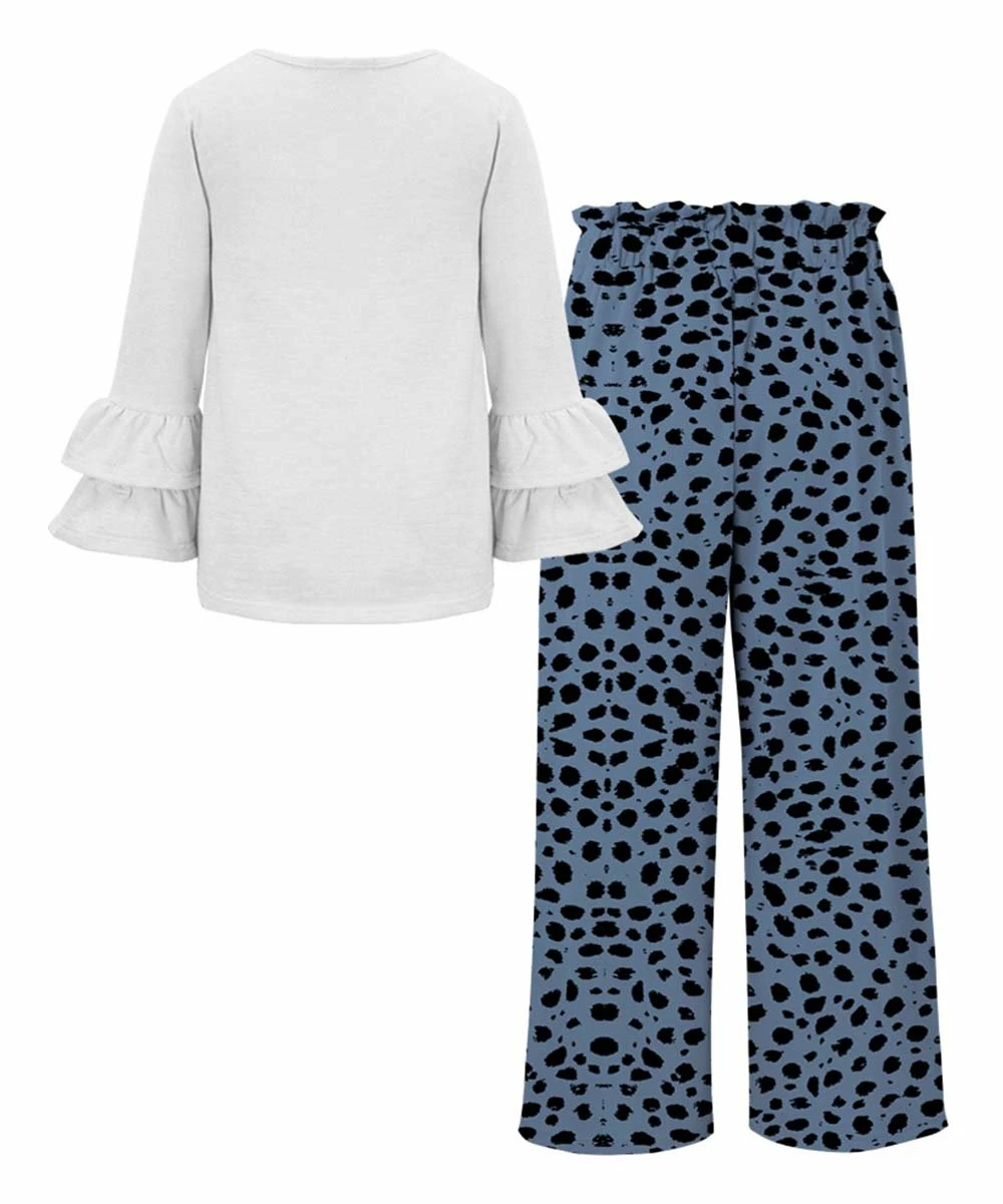 Best deal ๐ Trend Blossoms White Ruffle Long-Sleeve Top & Blue Leopard Bow Wide-Leg Pants - ๐ง Girls ๐ 4 Best deal ๐ Trend Blossoms White Ruffle Long-Sleeve Top & Blue Leopard Bow Wide-Leg Pants - ๐ง Girls ๐ - Image 2