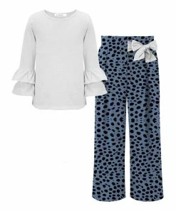 Best deal 😀 Trend Blossoms White Ruffle Long-Sleeve Top & Blue Leopard Bow Wide-Leg Pants - 👧 Girls 👏