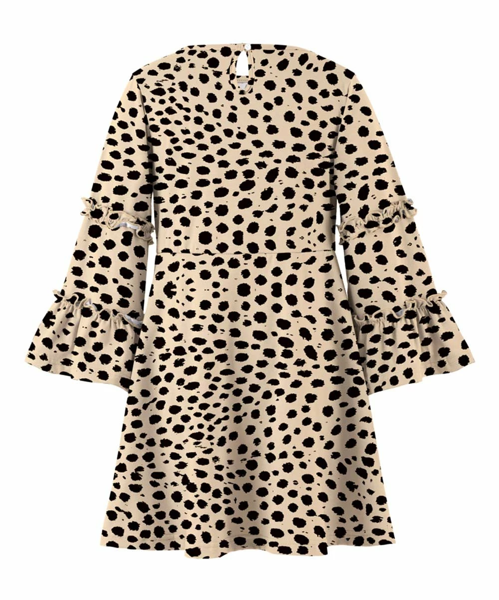 Budget 🎁 Trend Blossoms Light Tan & Black Leopard Bell-Sleeve Shift 👗 Dress - 👧 Girls 🔔 4 Budget 🎁 Trend Blossoms Light Tan & Black Leopard Bell-Sleeve Shift 👗 Dress - 👧 Girls 🔔 - Image 2