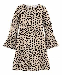 Budget 🎁 Trend Blossoms Light Tan & Black Leopard Bell-Sleeve Shift 👗 Dress - 👧 Girls 🔔