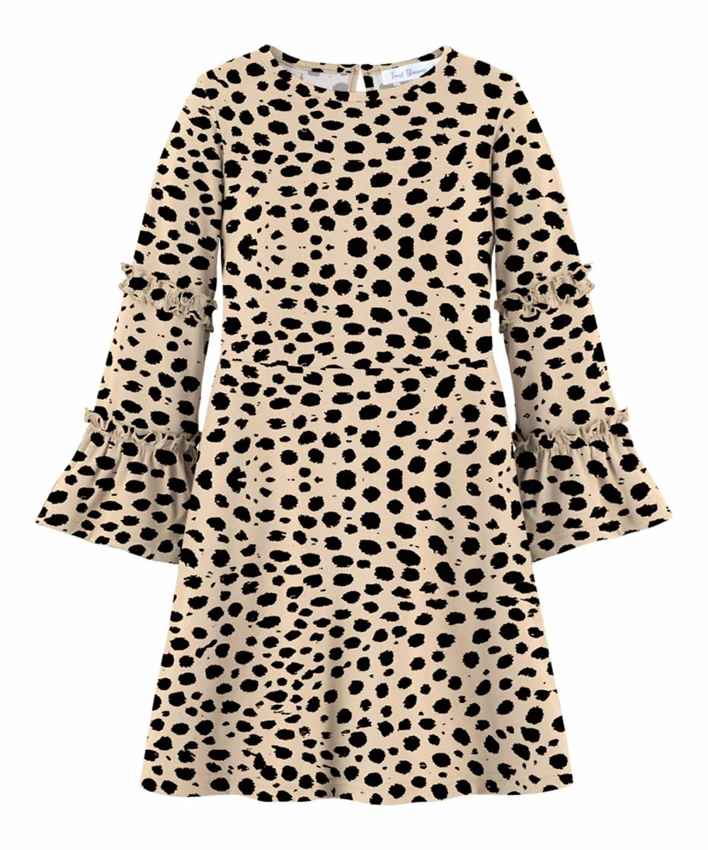 Budget 🎁 Trend Blossoms Light Tan & Black Leopard Bell-Sleeve Shift 👗 Dress - 👧 Girls 🔔 3 Budget 🎁 Trend Blossoms Light Tan & Black Leopard Bell-Sleeve Shift 👗 Dress - 👧 Girls 🔔