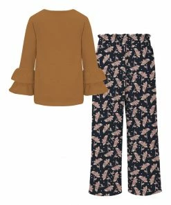 Coupon ⌛ Trend Blossoms Brown Ruffle Long-Sleeve Top & Floral Bow Wide-Leg Pants - 👧 Girls ✔️ -Trend Blossoms-shop zu107335228 alt 1 tm1657827558
