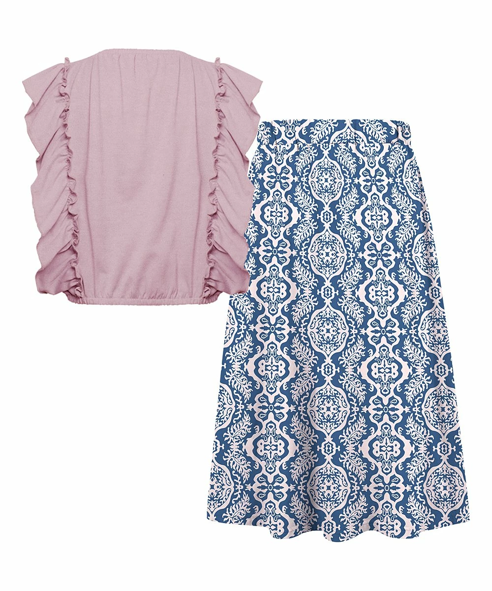 Wholesale 🔥 Trend Blossoms Dusty Pink Angel-Sleeve Top & Blue Geometric Floral Bow-Accent Maxi 👗 Skirt - 👧 Girls ⭐ 5 Wholesale 🔥 Trend Blossoms Dusty Pink Angel-Sleeve Top & Blue Geometric Floral Bow-Accent Maxi 👗 Skirt - 👧 Girls ⭐ - Image 3