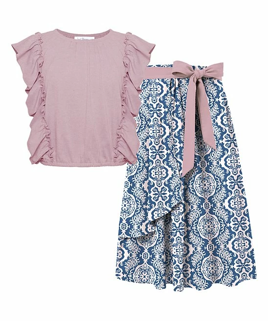 Wholesale 🔥 Trend Blossoms Dusty Pink Angel-Sleeve Top & Blue Geometric Floral Bow-Accent Maxi 👗 Skirt - 👧 Girls ⭐ 3 Wholesale 🔥 Trend Blossoms Dusty Pink Angel-Sleeve Top & Blue Geometric Floral Bow-Accent Maxi 👗 Skirt - 👧 Girls ⭐