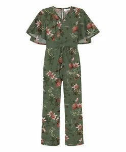 Brand new ✨ Trend Blossoms Green Floral & Polka Dot Bow-Belt Flutter-Sleeve Jumpsuit - 👧 Girls ⌛
