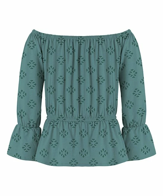 Outlet 💯 Trend Blossoms Dusty Teal Geometric Bow-Accent Off-Shoulder Top - 👧 Girls ❤️ 4 Outlet 💯 Trend Blossoms Dusty Teal Geometric Bow-Accent Off-Shoulder Top - 👧 Girls ❤️ - Image 2