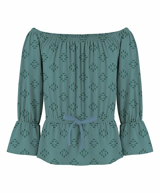 Outlet 💯 Trend Blossoms Dusty Teal Geometric Bow-Accent Off-Shoulder Top - 👧 Girls ❤️ 3 Outlet 💯 Trend Blossoms Dusty Teal Geometric Bow-Accent Off-Shoulder Top - 👧 Girls ❤️