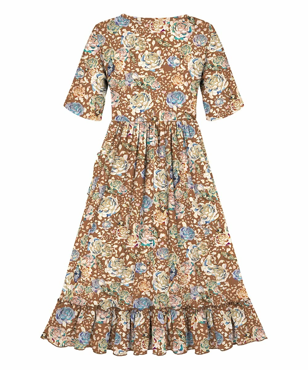 Best Sale โ๏ธ Trend Blossoms Light Brown Floral Ruffle-Accent A-Line ๐ Dress - ๐ง Girls โ๏ธ 4 Best Sale โ๏ธ Trend Blossoms Light Brown Floral Ruffle-Accent A-Line ๐ Dress - ๐ง Girls โ๏ธ - Image 2